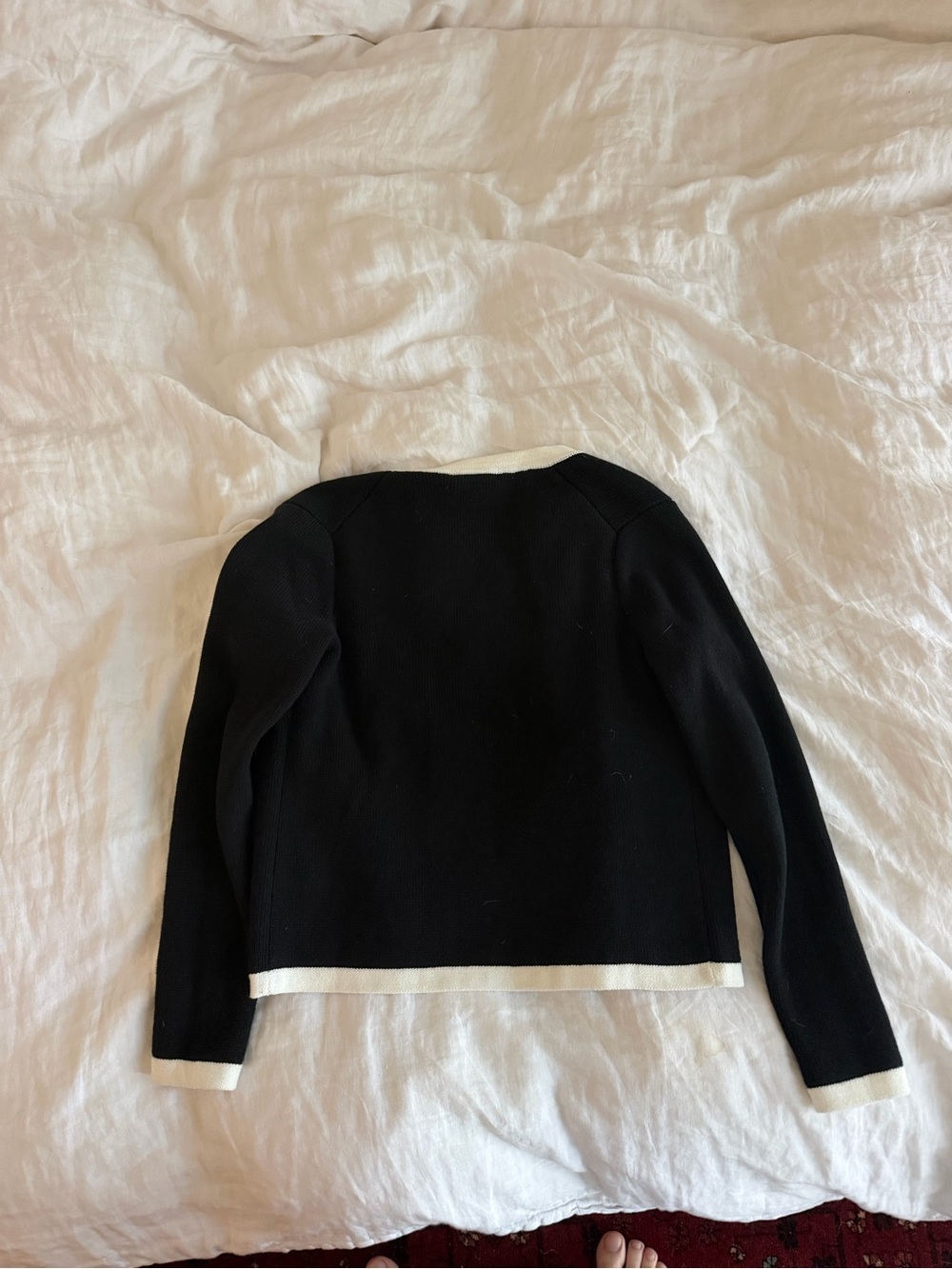 Quince Black Cardigan with White Trim and Gold Button - Picture 4 of 4